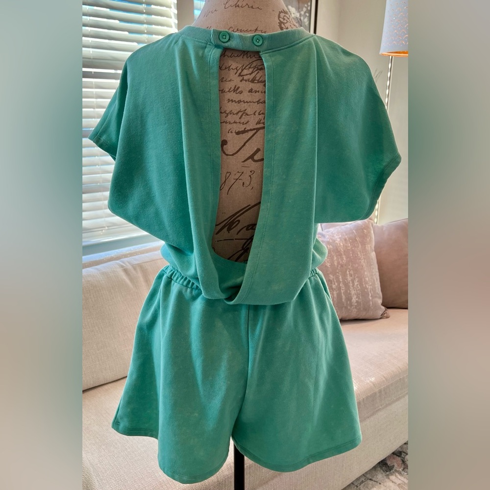 Blush Clothing Sea Foam Mineral Wash Green Romper Open Back - Picture 2 of 16